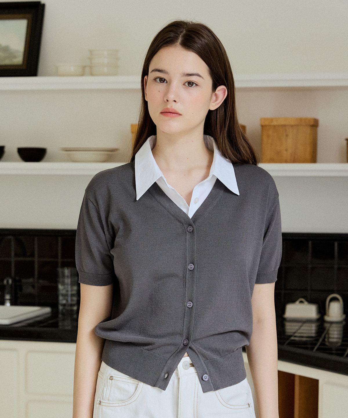 엽페(YUPPE) COLLAR SHORT CARDIGAN_CHARCOAL