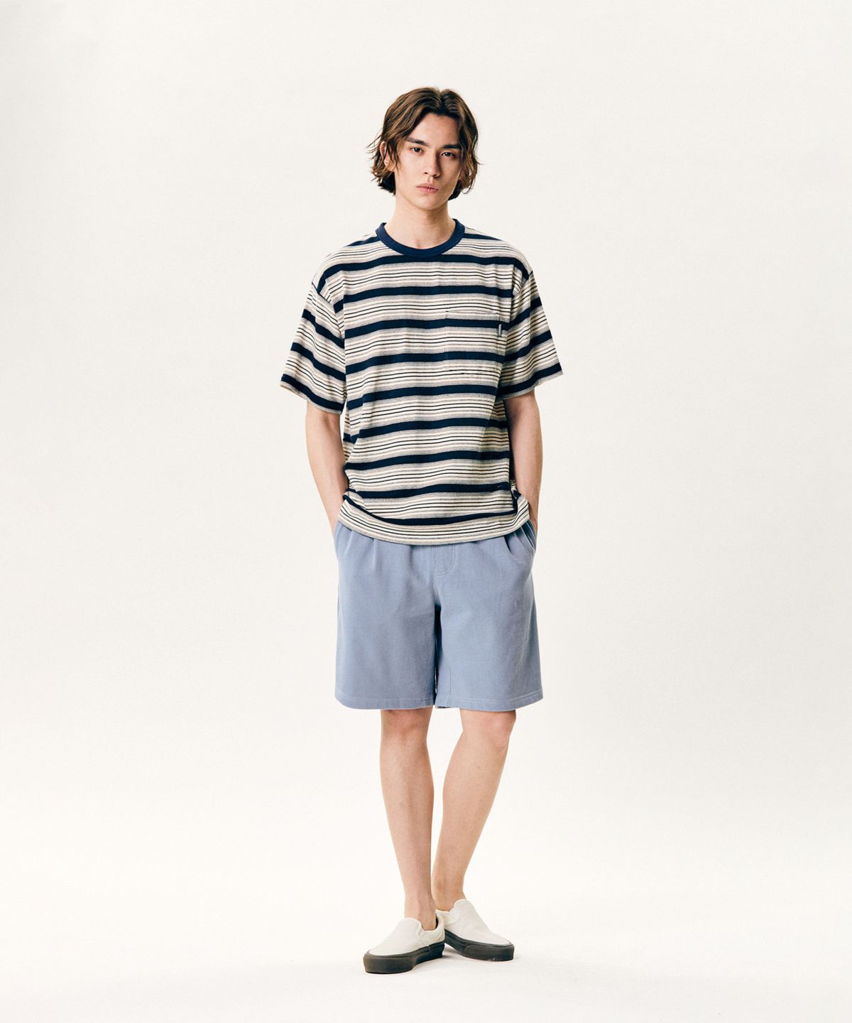 에스피오나지(ESPIONAGE) Vintage Border Pocket Tee Navy