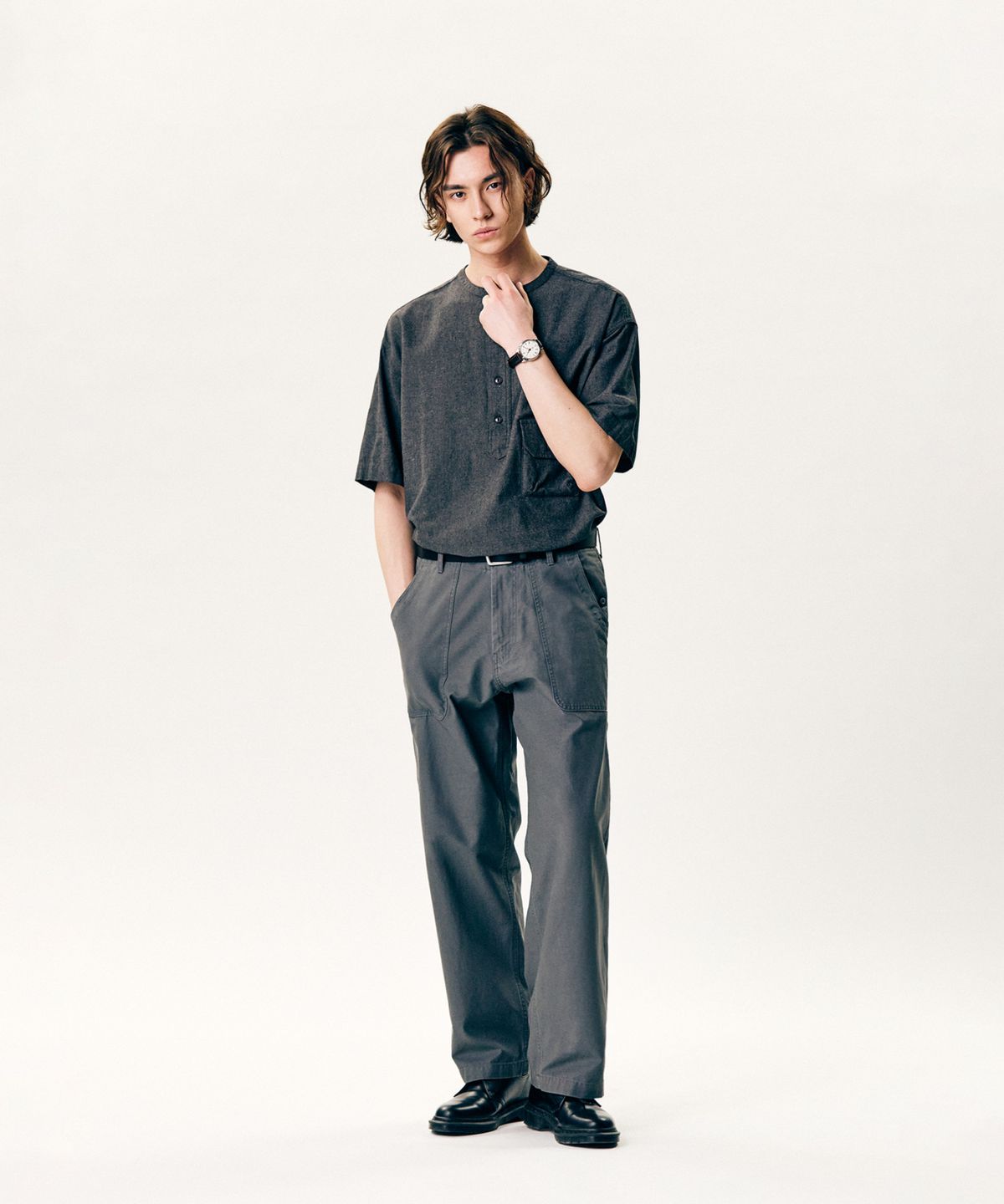 에스피오나지(ESPIONAGE) Cotton Ramie S/S Henley Shirt Charcoal