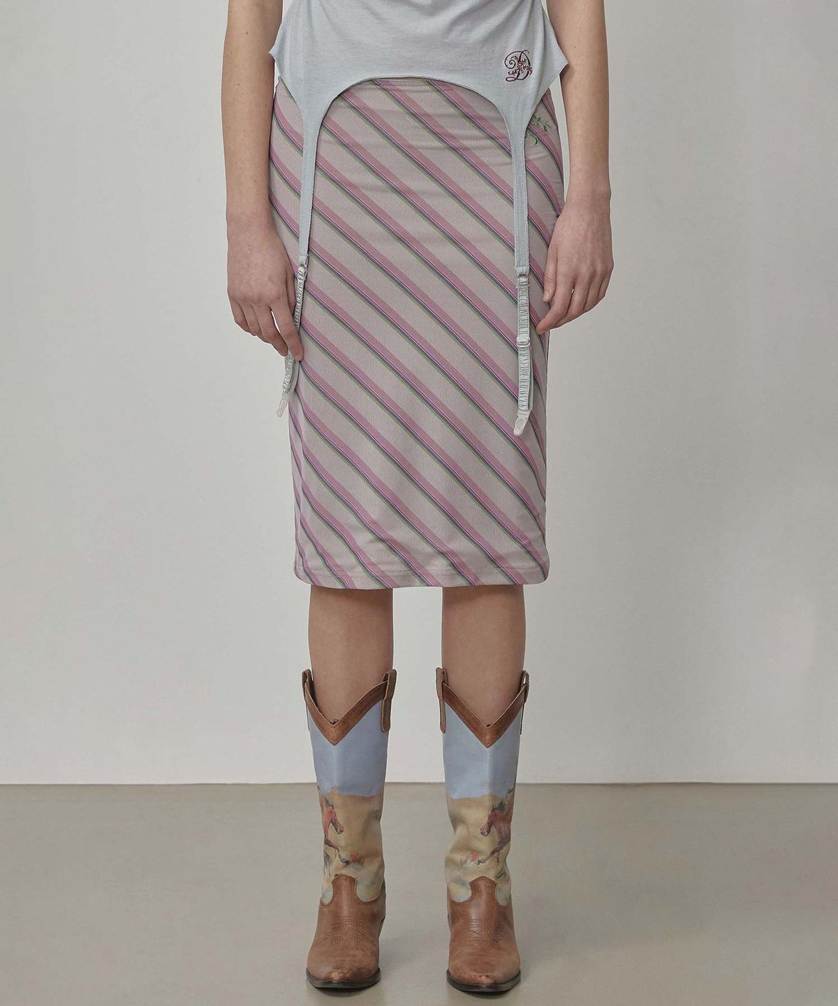 스컬프터(SCULPTOR) Mesh Stripe Midi Skirt Baby Pink