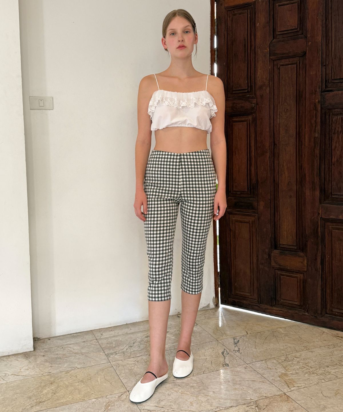 시눈(SINOON) Gingham Capri Pants (Black)