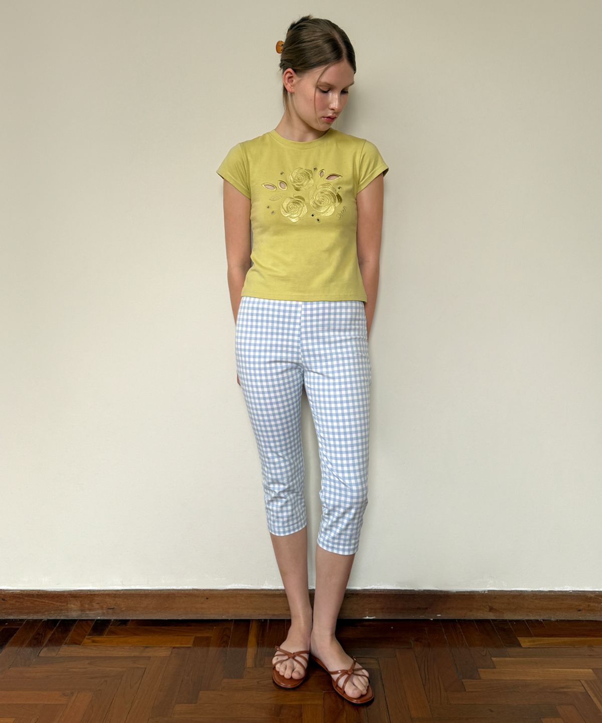 시눈(SINOON) Gingham Capri Pants (Blue)