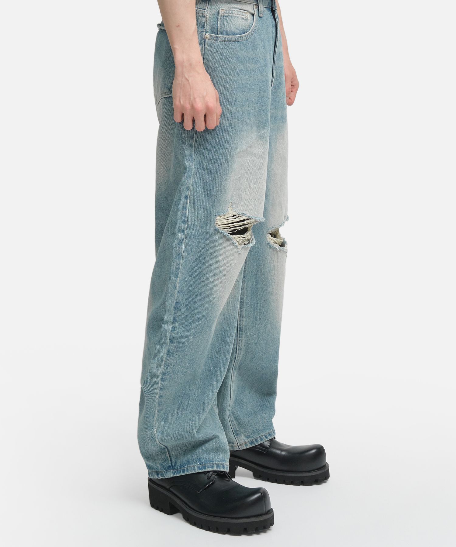 アドティエ ad thie レースプリントダメージデニムパンツ （ブルー 
