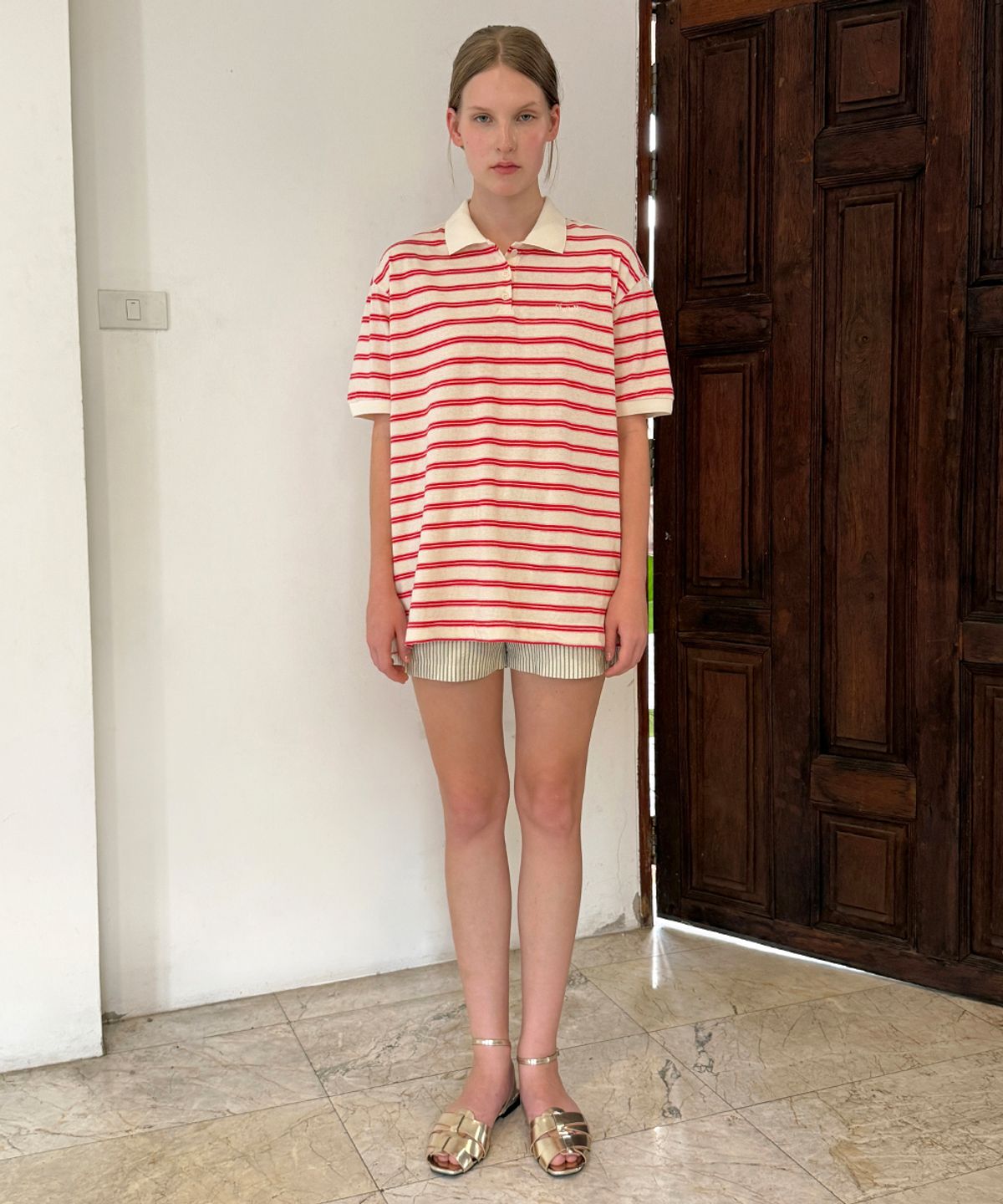 시눈(SINOON) Stripe Half Sleeve PK Shirt (Red)