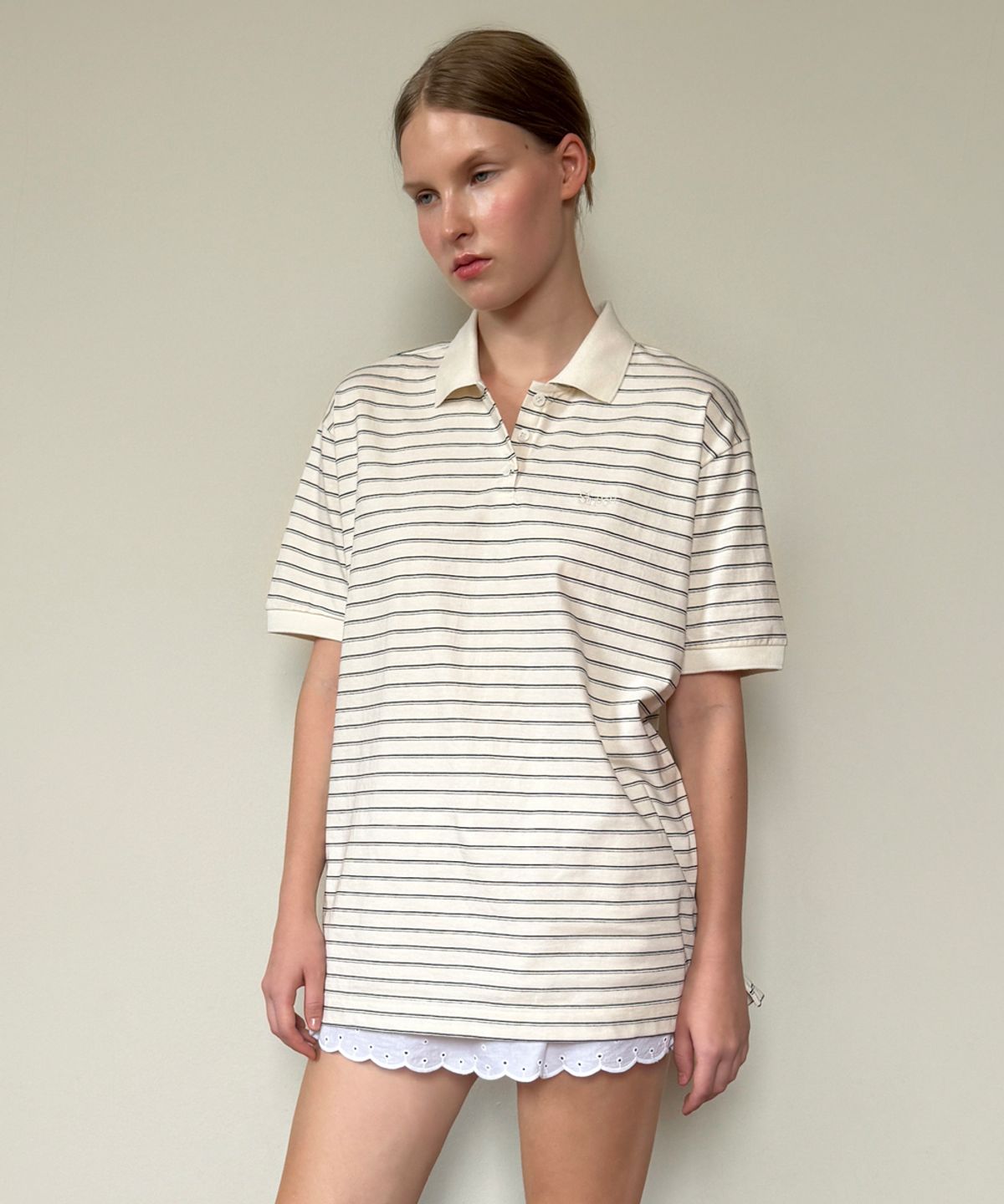 시눈(SINOON) Stripe Half Sleeve PK Shirt (Ivory)