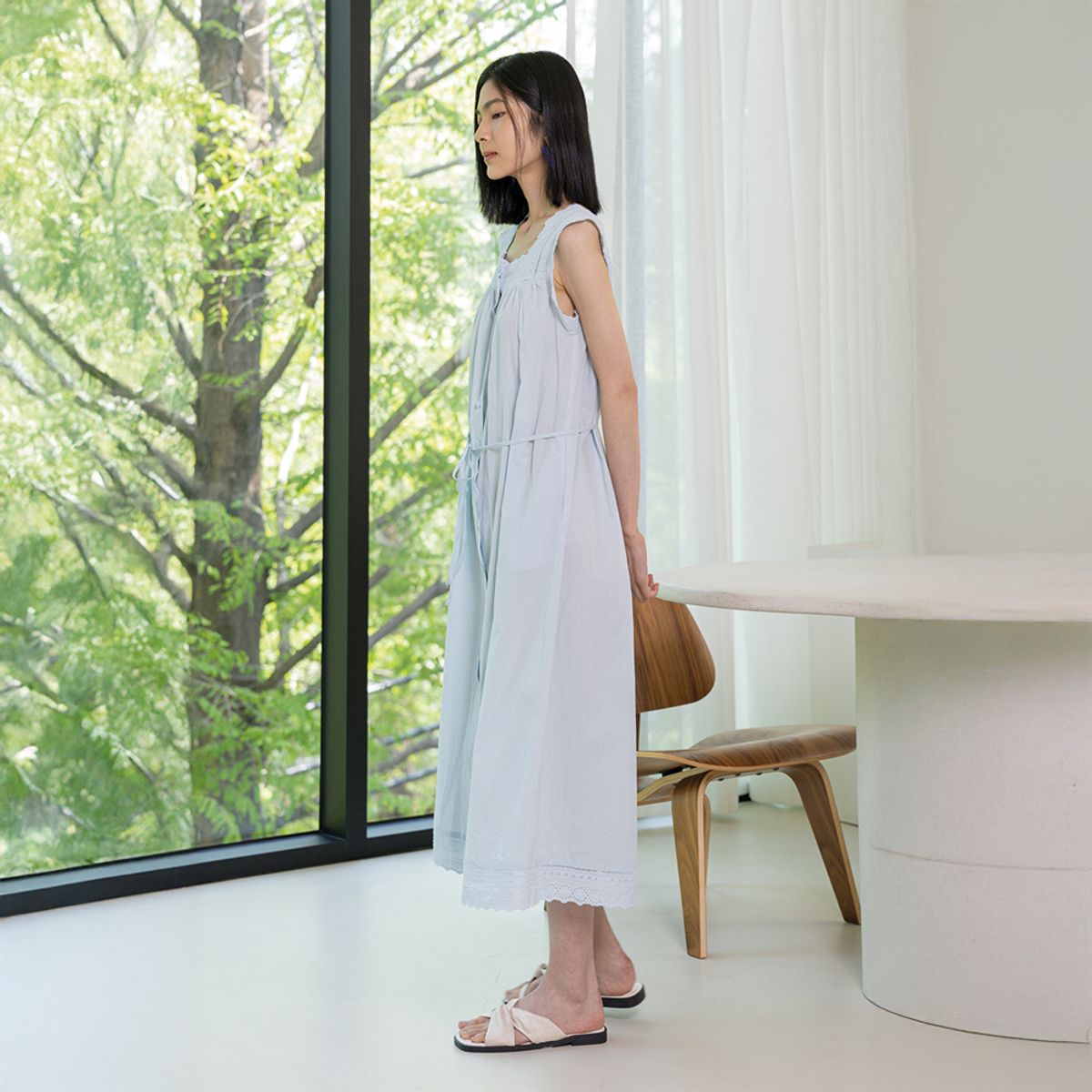 랭썬(LANGSON) LS_Square neck buttons dress_BLUE