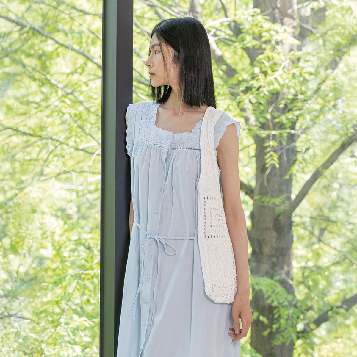 랭썬(LANGSON) LS_Square neck buttons dress_BLUE