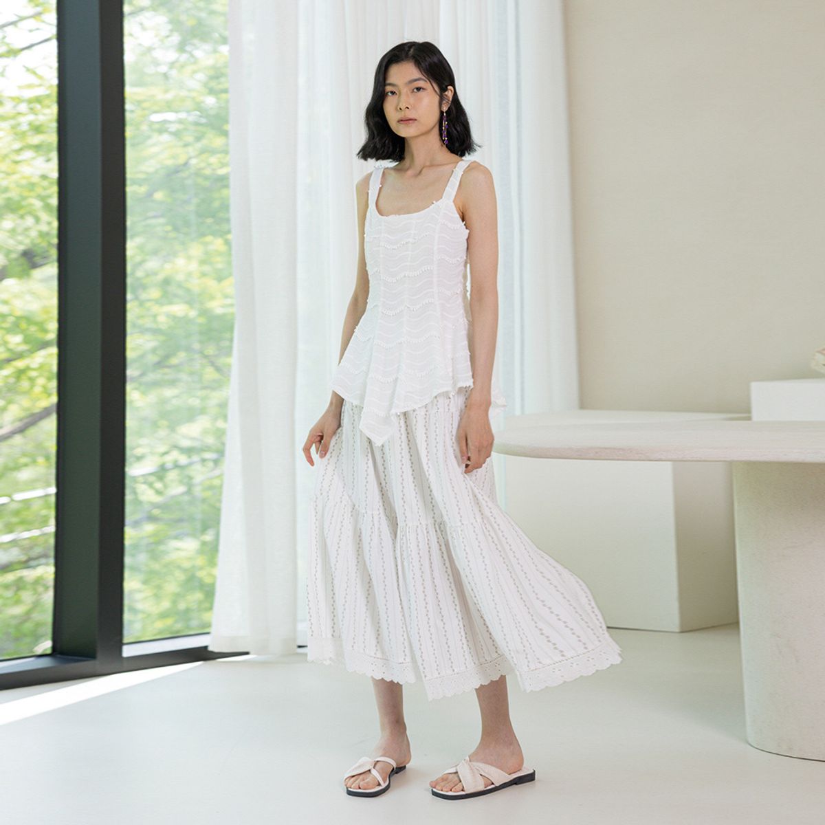 랭썬(LANGSON) LS_Striped pleated skirt_WHITE