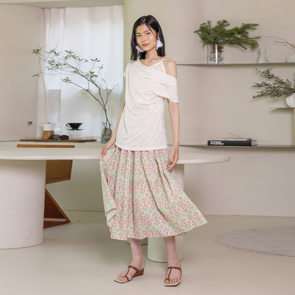 랭썬(LANGSON) LS_Flower pleated skirt_PINK