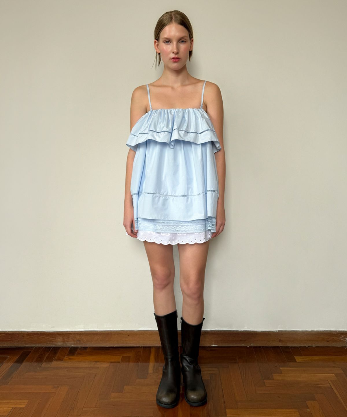 시눈(SINOON) Double Flared Blouse & Skirt (Sky Blue)