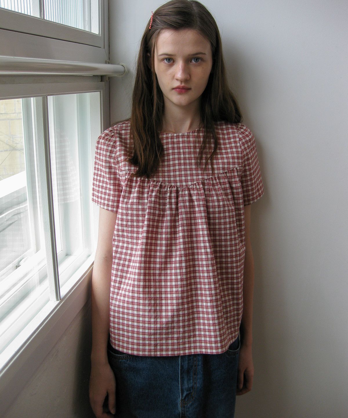 나츠(NAATS) Check shirring half blouse, red