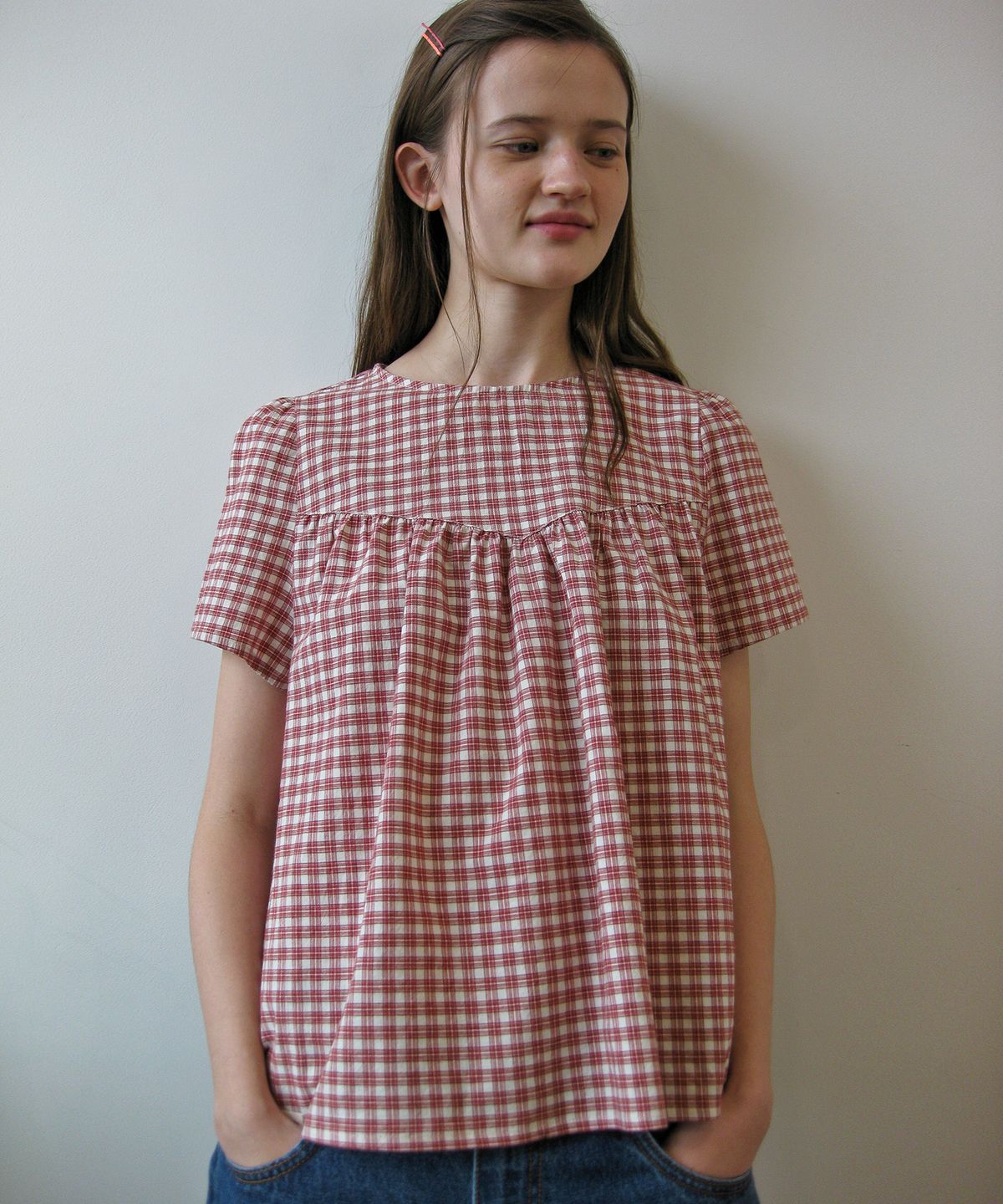나츠(NAATS) Check shirring half blouse, red