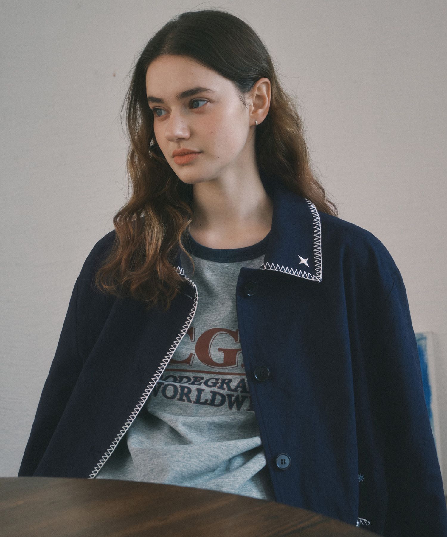 MUSINSA | Codegraphy (Women) Linen Cotton Half Jacket_Navy