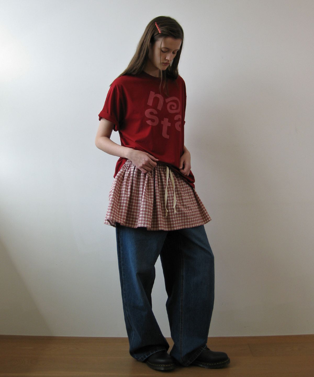 나츠(NAATS) Check layered skirt, red