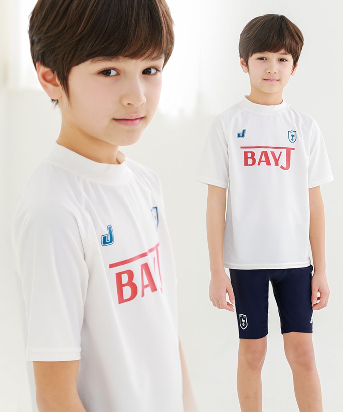 베이-비(BAY-B) 주니어 남아 럭키 화이트 실내수영복+파우치세트