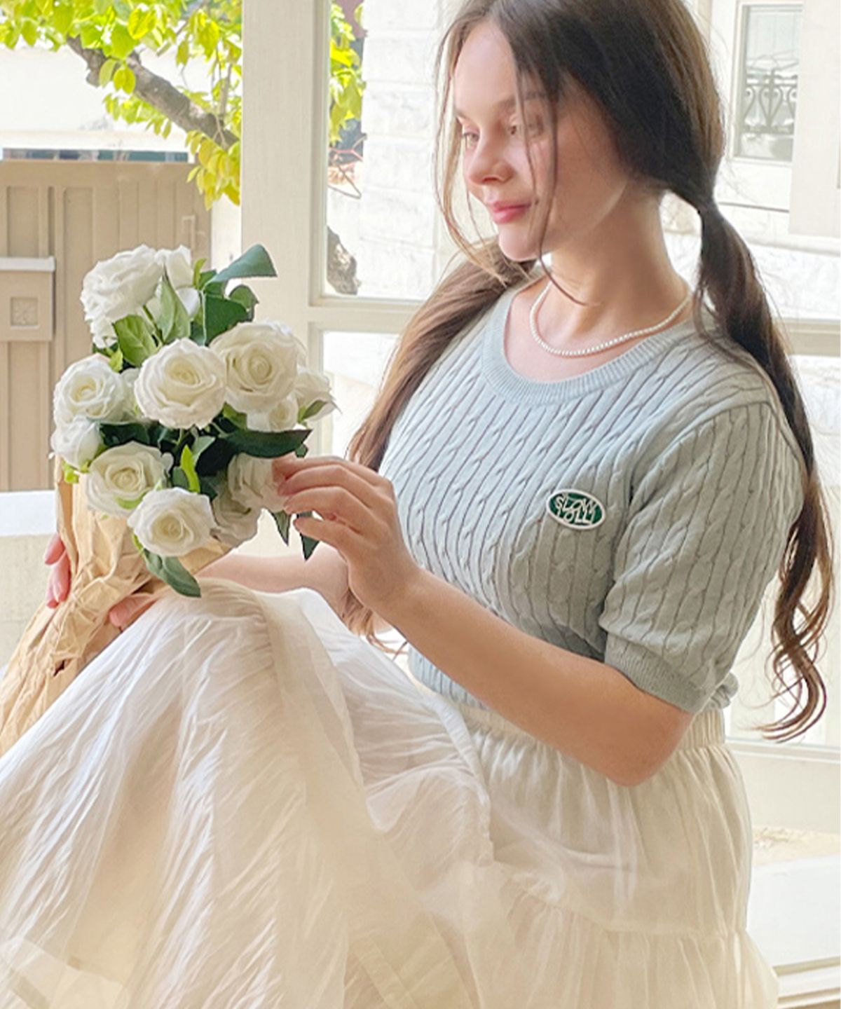슬로우롤리(SLOWLOLLI) Half sleeve cable knit - Mint