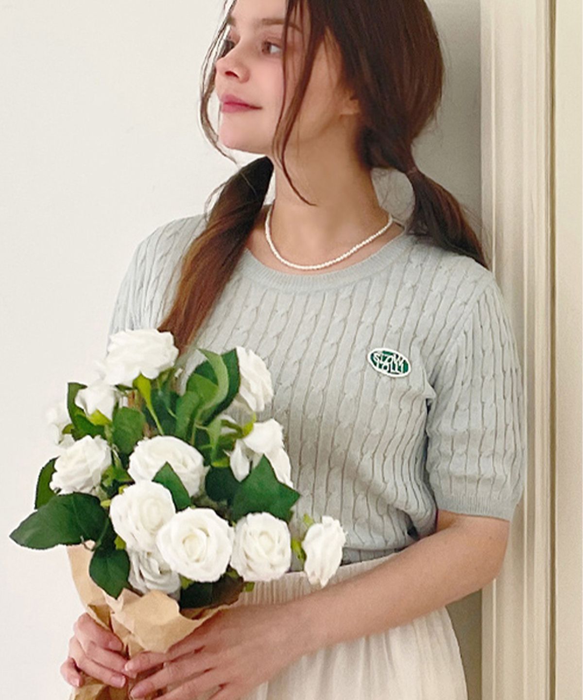 슬로우롤리(SLOWLOLLI) Half sleeve cable knit - Mint