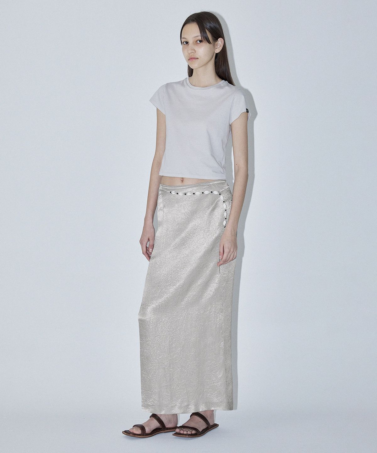 엔오르(EN OR) METALLIC SILVER MAXI SKIRT - GREY