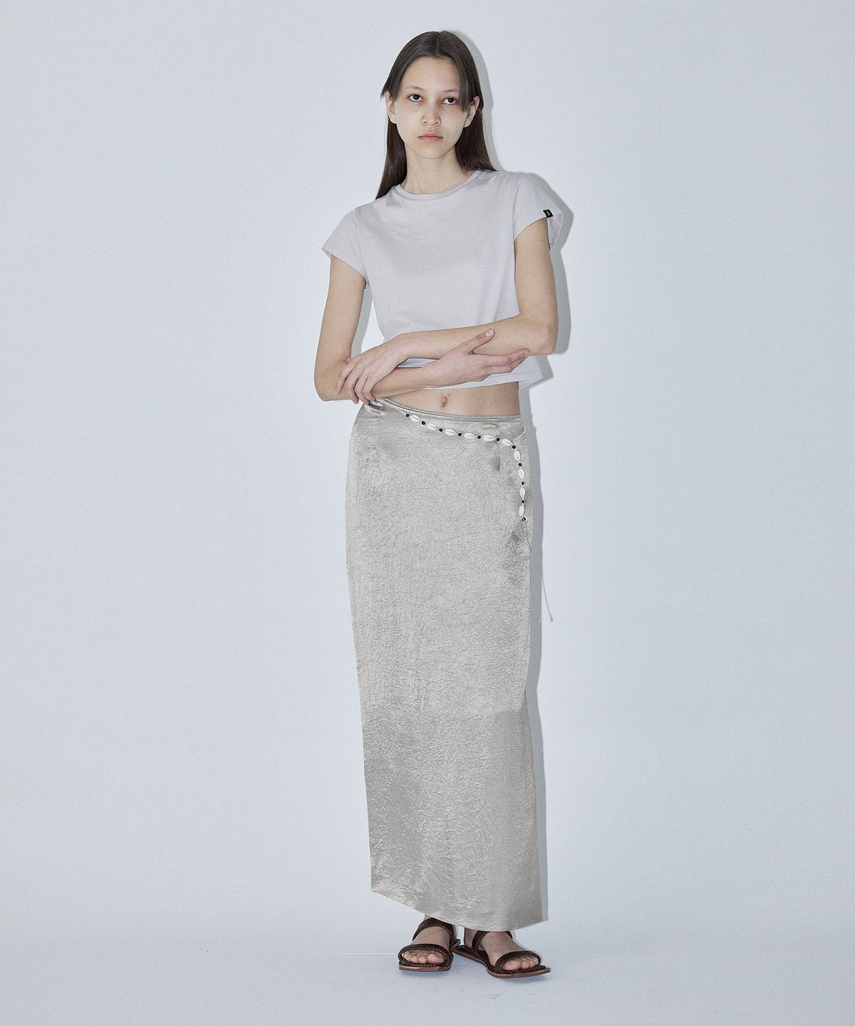 엔오르(EN OR) METALLIC SILVER MAXI SKIRT - GREY