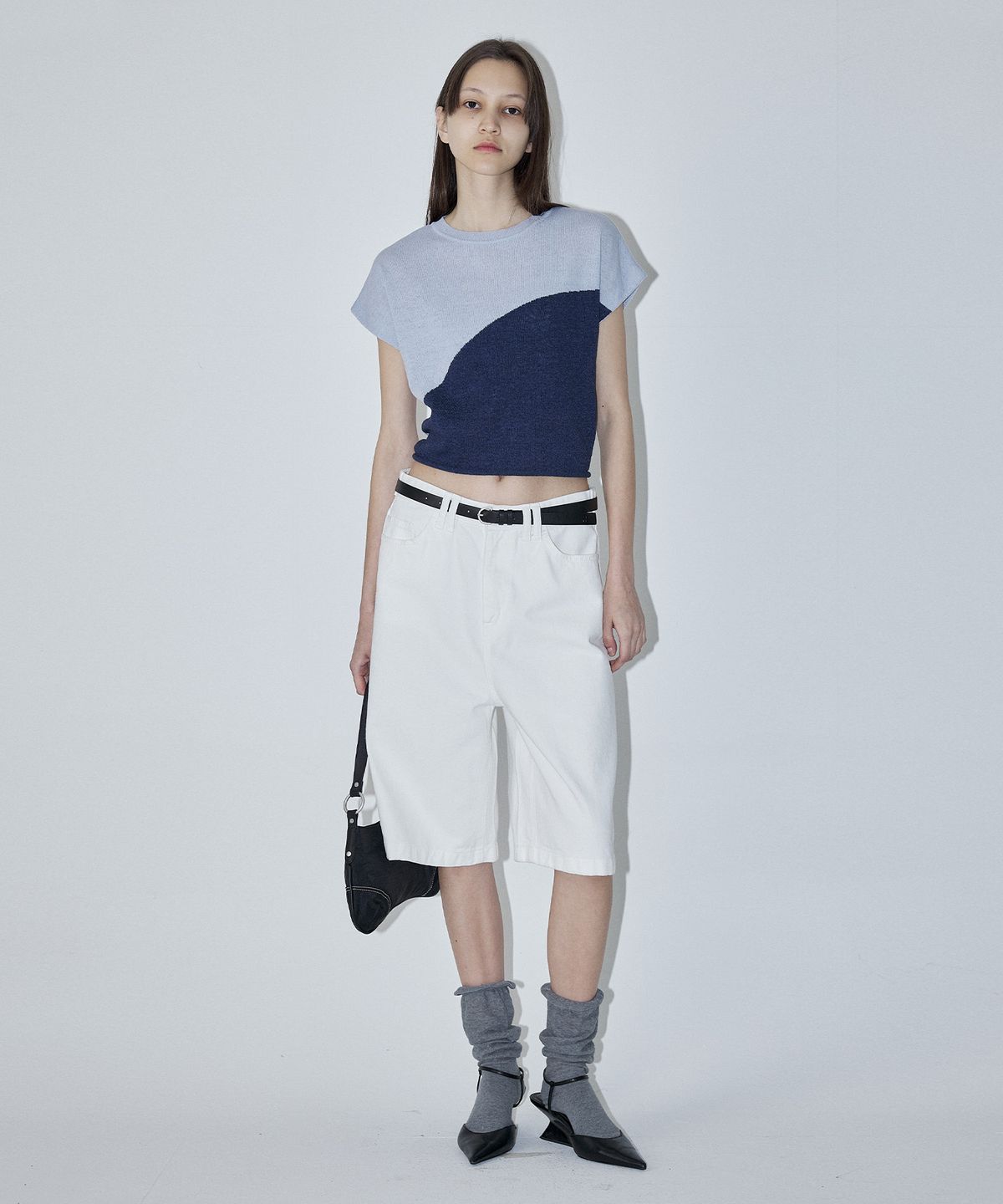 엔오르(EN OR) TWO TONE DRAWSTRING KNIT TOP - BLUE