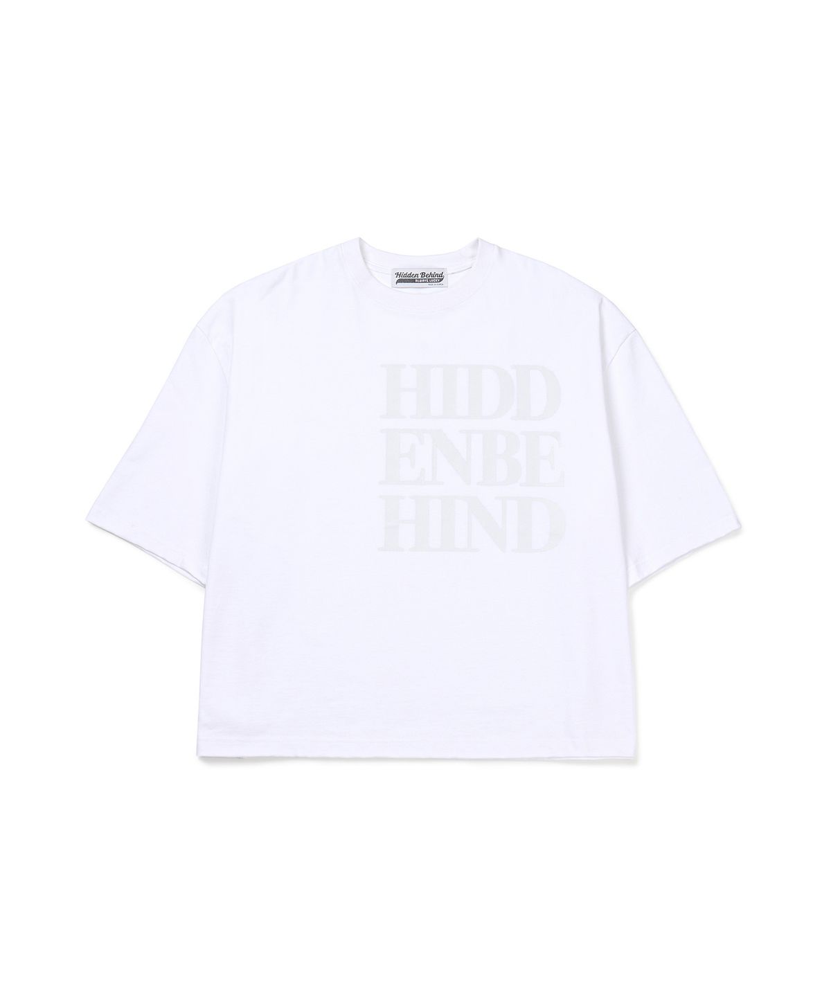 히든비하인드(HIDDEN BEHIND) 와이드 크롭 티셔츠 (화이트)