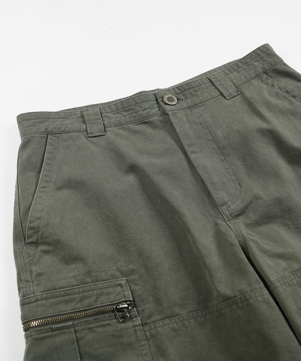 프리즘웍스(FRIZMWORKS) WASHED COTTON ZIP CARGO SHORTS _ OLIVE