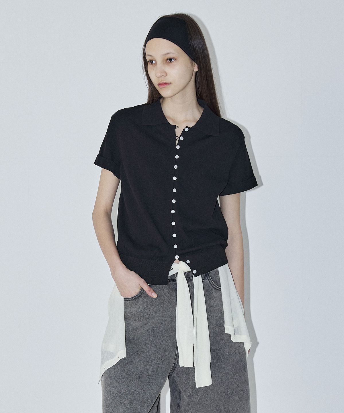 엔오르(EN OR) CONTRASTING BUTTONS SHIRT CARDIGAN - BLACK