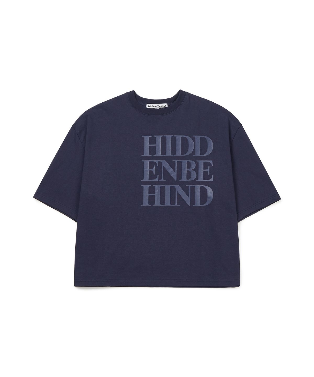 히든비하인드(HIDDEN BEHIND) 와이드 크롭 티셔츠 (네이비)