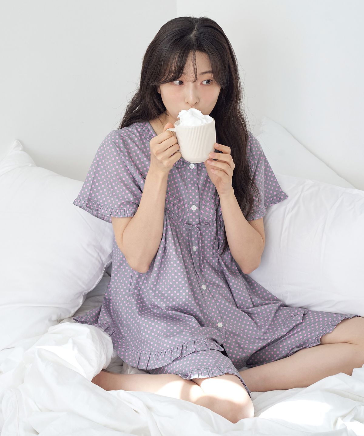 메이플라워(MAY FLOWER) 퍼플핑크도트 반팔 순면 여성 빅사이즈 잠옷 세트