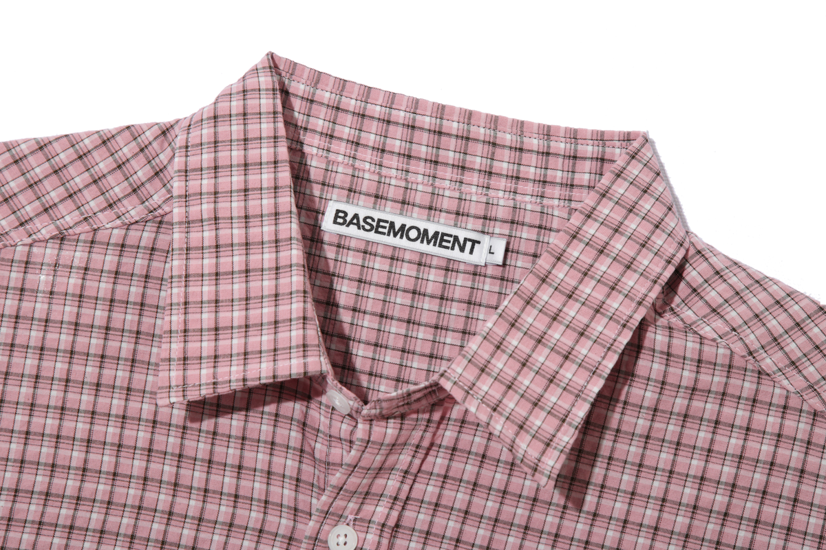 베이스모먼트(BASEMOMENT) 세미크롭 롤업 체크 하프 셔츠 핑크