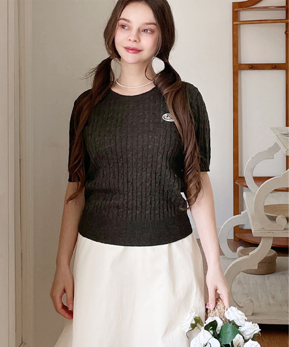 슬로우롤리(SLOWLOLLI) Half sleeve linen cable knit - Brown