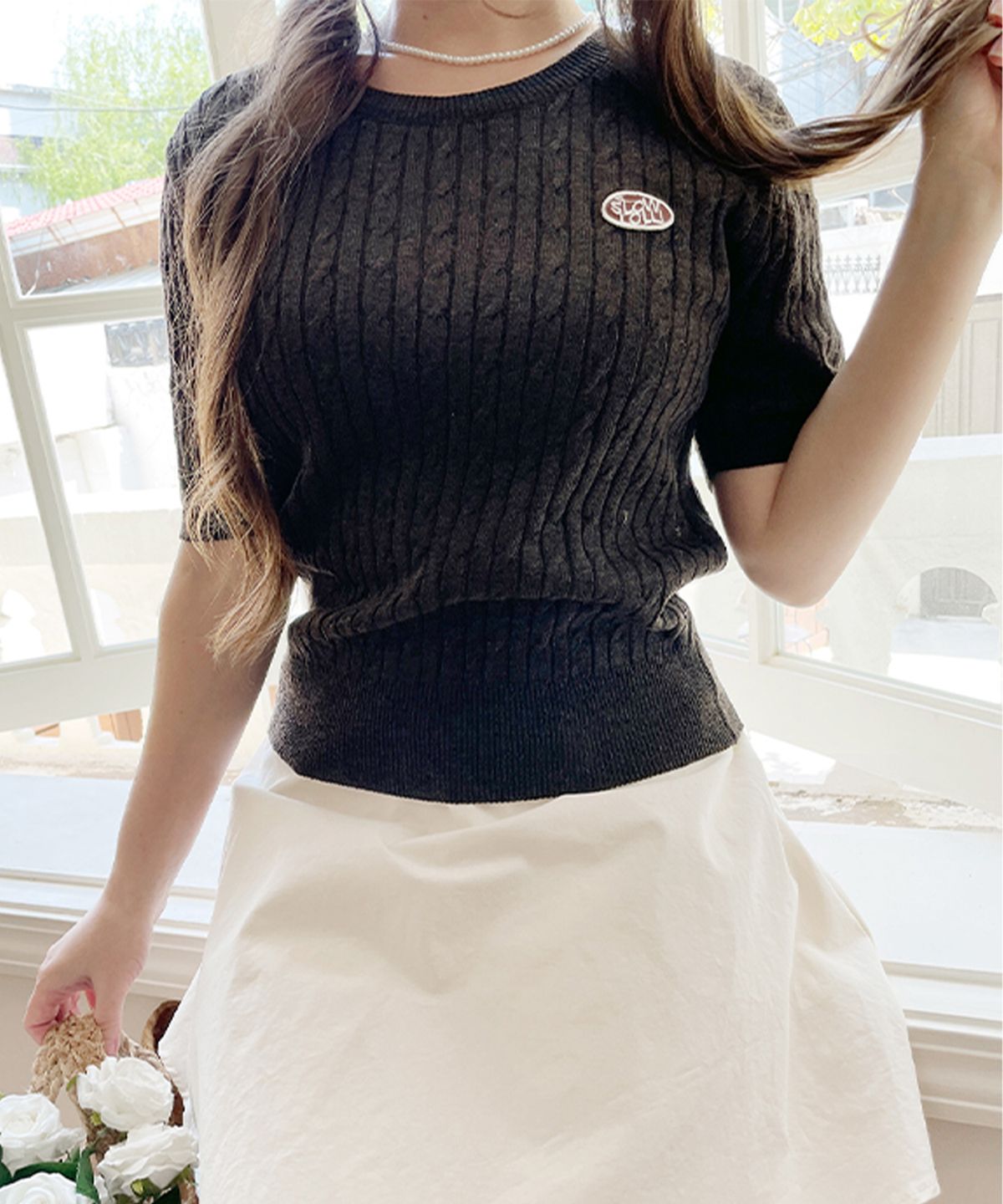 슬로우롤리(SLOWLOLLI) Half sleeve linen cable knit - Brown