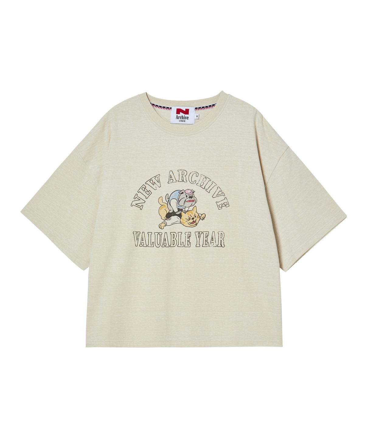 비욘드클로젯(BEYOND CLOSET) [COLLECTION LINE] 빈티지 프린트 디테일 피그먼트 워싱 반팔 티셔츠 아이보리