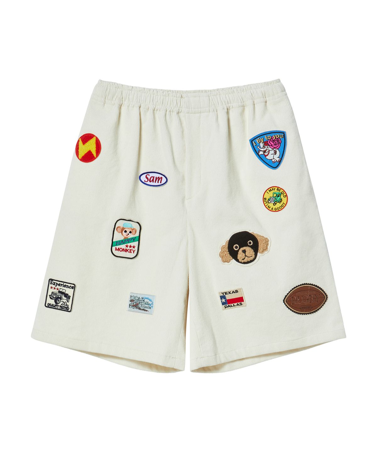비욘드클로젯(BEYOND CLOSET) [COLLECTION LINE] 빈티지 와펜 디테일 코듀로이 하프 팬츠 아이보리