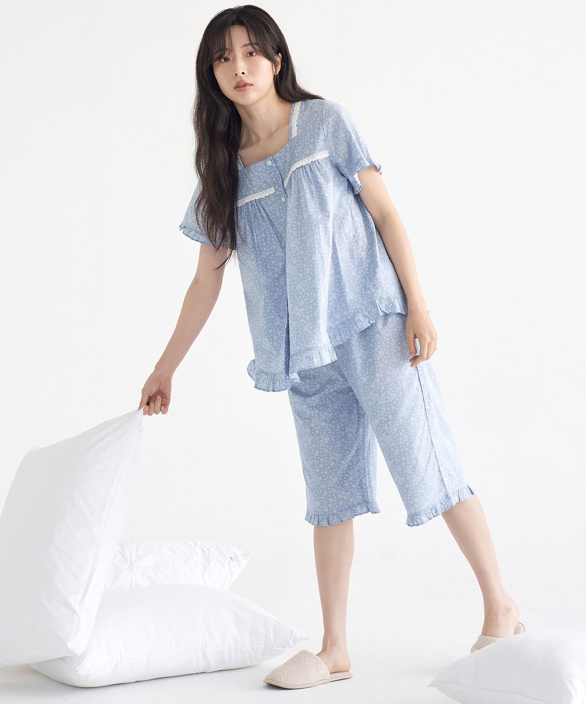 메이플라워(MAY FLOWER) 블루퓨어 반팔 순면 여성 빅사이즈 잠옷 세트
