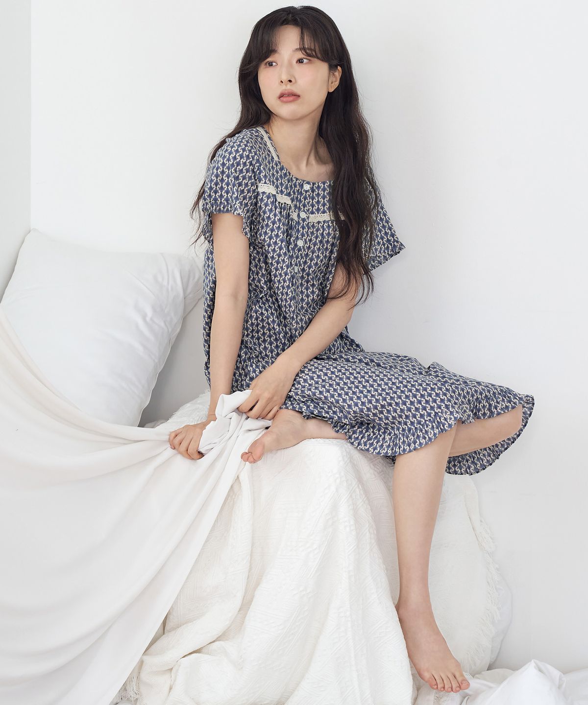 메이플라워(MAY FLOWER) 엔틱블루 반팔 순면 여성 빅사이즈 원피스 잠옷