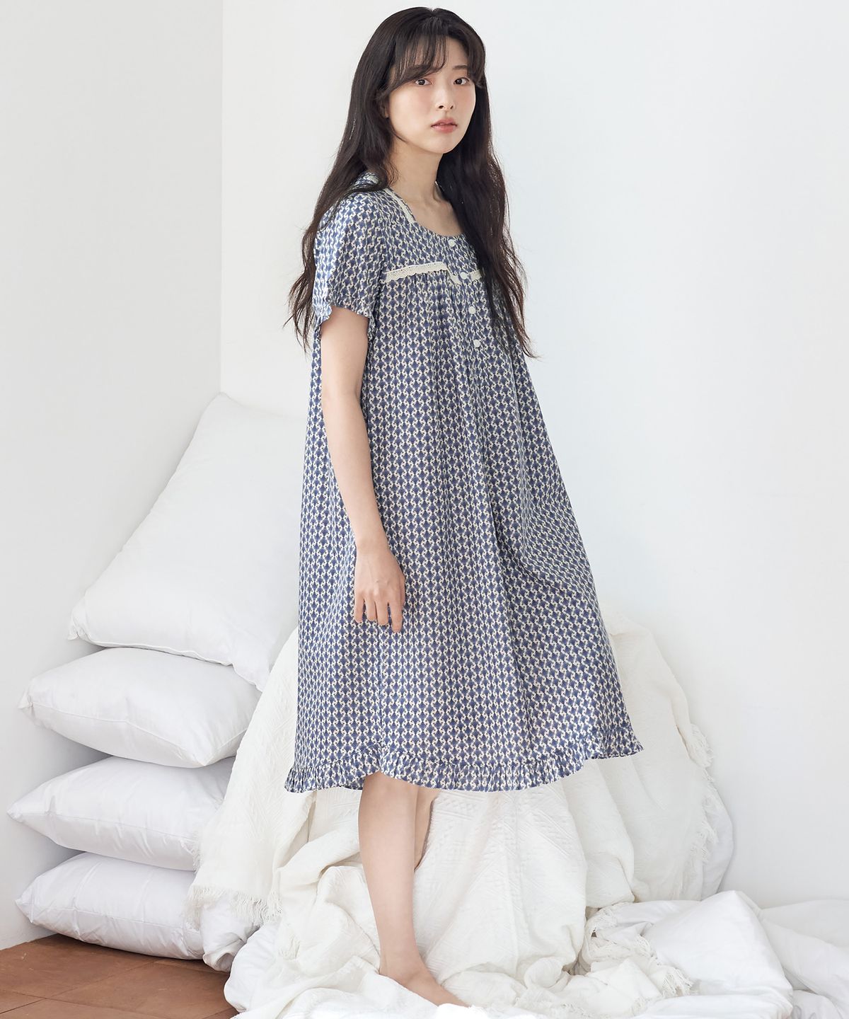 메이플라워(MAY FLOWER) 엔틱블루 반팔 순면 여성 빅사이즈 원피스 잠옷