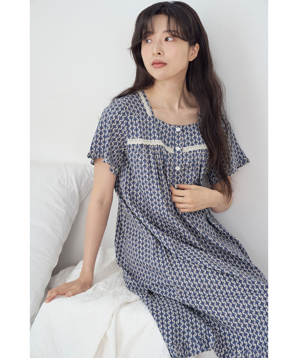 메이플라워(MAY FLOWER) 엔틱블루 반팔 순면 여성 빅사이즈 원피스 잠옷