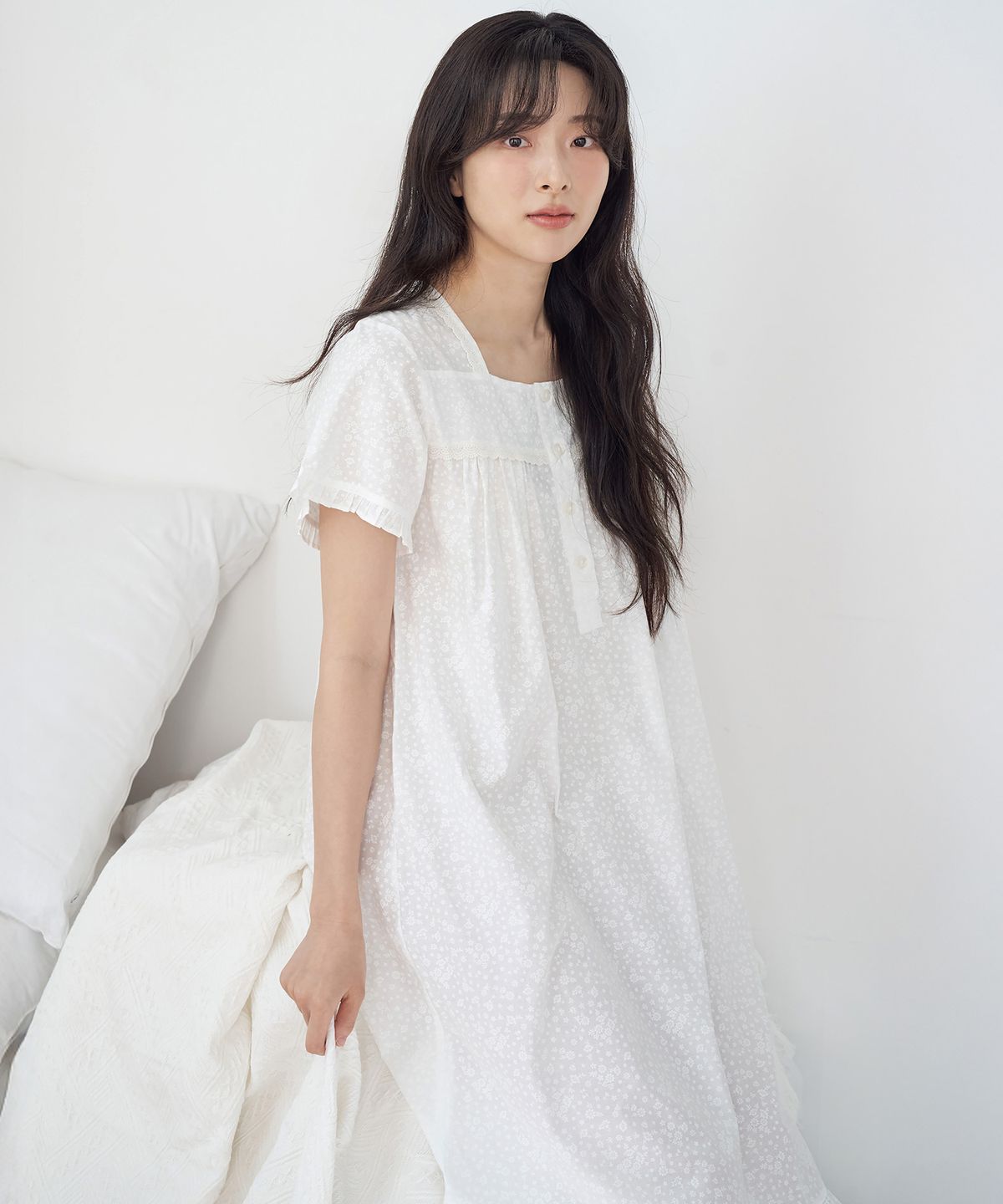 메이플라워(MAY FLOWER) 화이트퓨어 반팔 순면 여성 빅사이즈 원피스 잠옷
