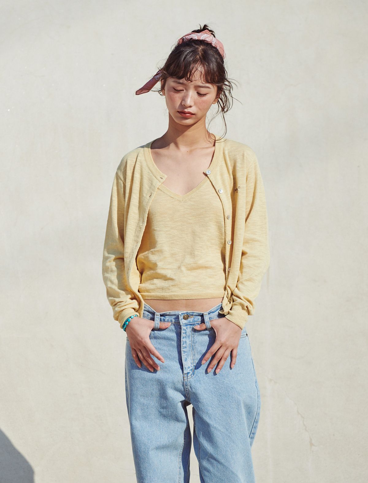 플랫웨이브 인 서울(FLATWAVE IN SEOUL) Pale Linen Round Cardigan Mustard
