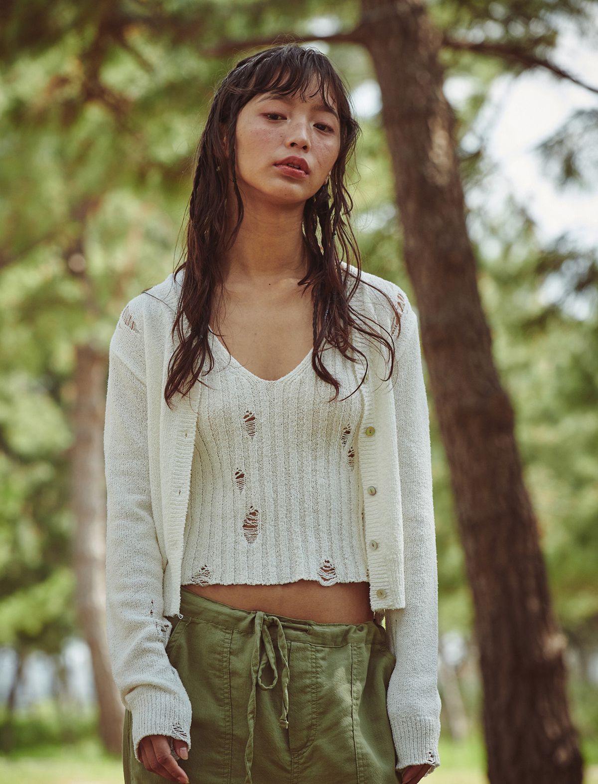 플랫웨이브 인 서울(FLATWAVE IN SEOUL) Bask Damaged Cardigan/Sleeveless Set Ivory