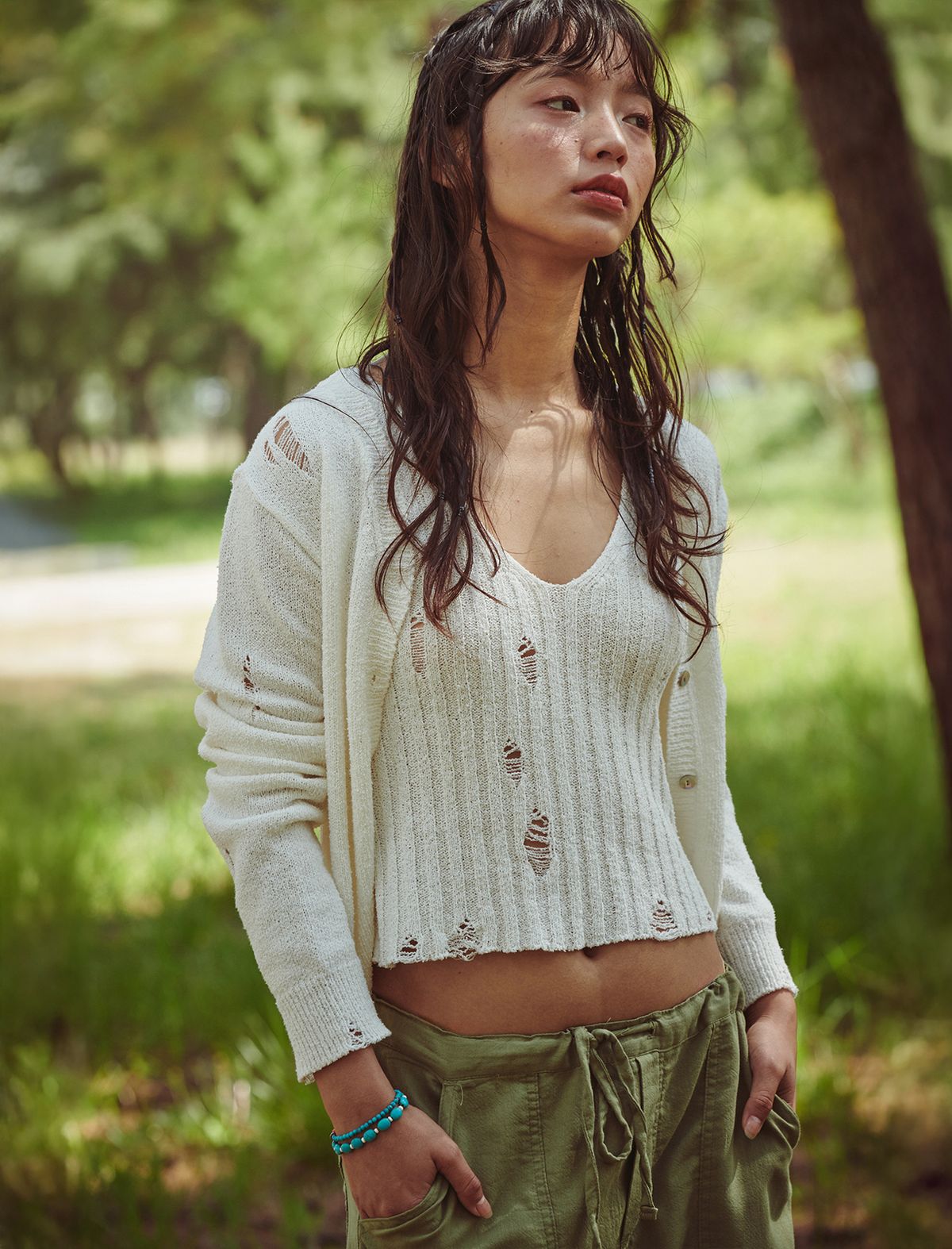 플랫웨이브 인 서울(FLATWAVE IN SEOUL) Bask Damaged Cardigan/Sleeveless Set Ivory