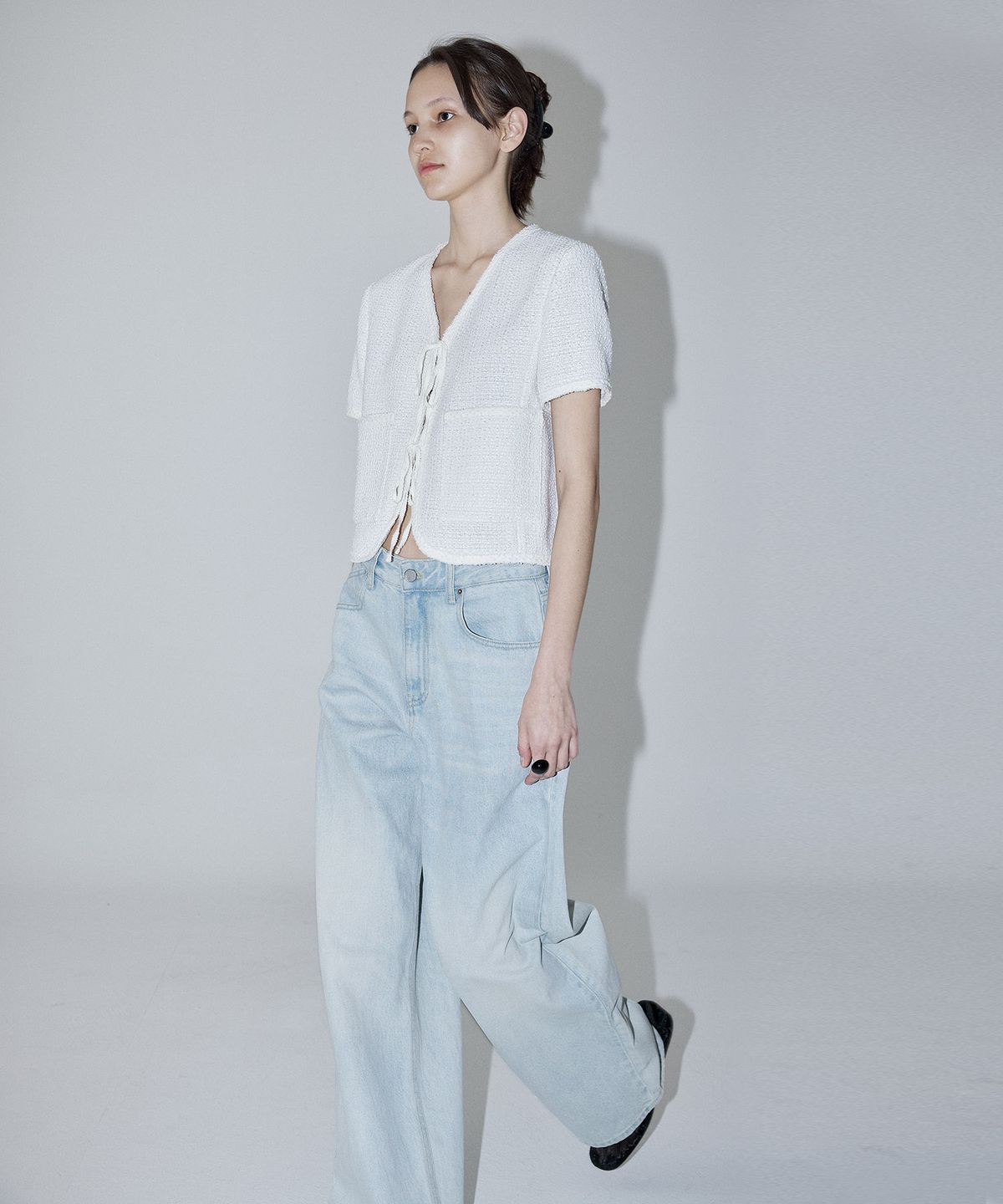 엔오르(EN OR) V-NECK SUMMER TWEED JACKET - WHITE