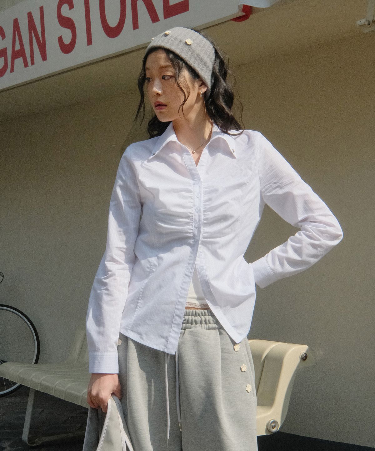시월107(SIWL107) Silky Jacquard Shirt (White)