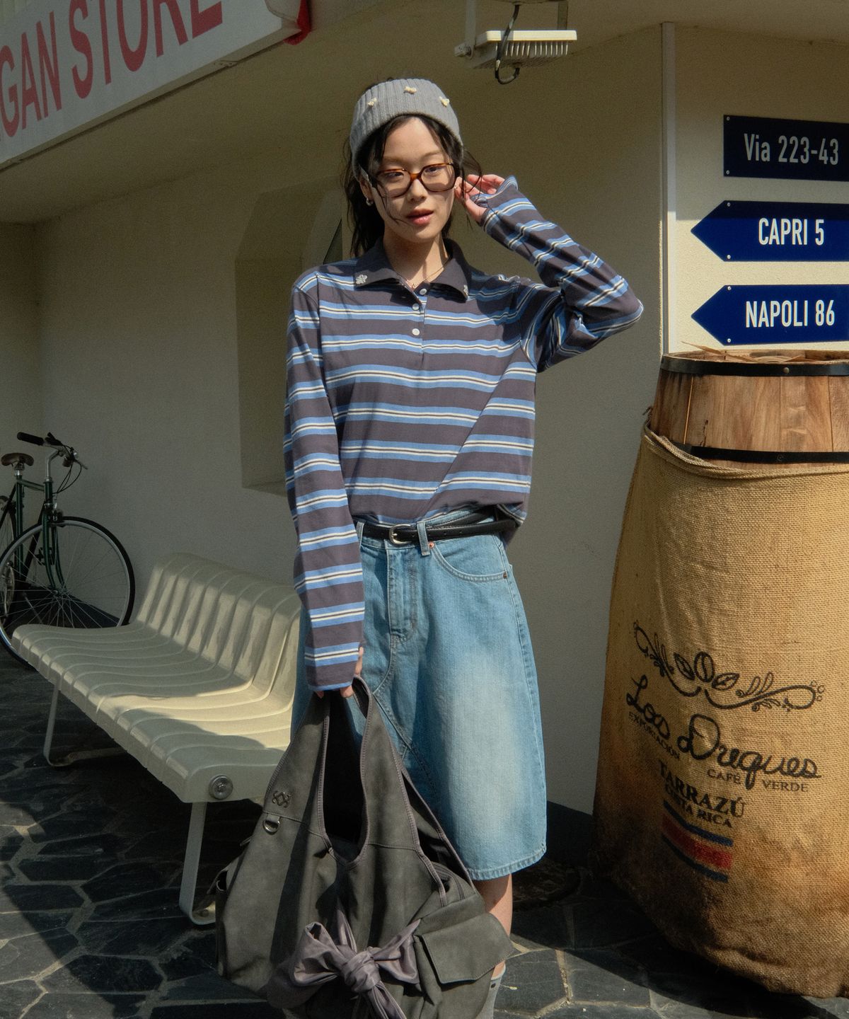 시월107(SIWL107) Stripe Rugby T-shirt (Charcoal)