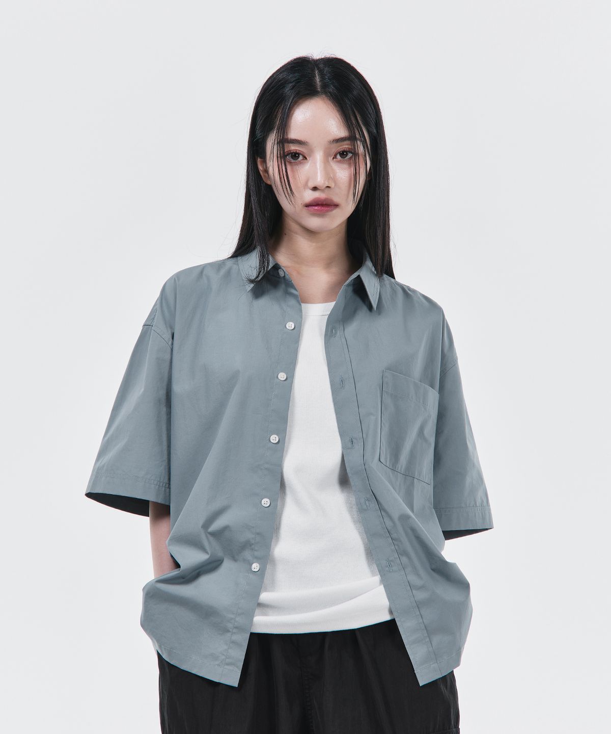 시그니처(SIGNATURE) 썸머 옥스포드 크롭 하프 셔츠[블루]