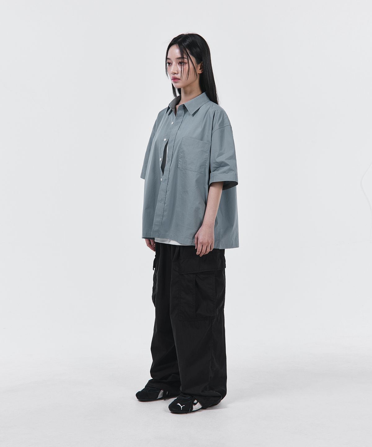 시그니처(SIGNATURE) 썸머 옥스포드 크롭 하프 셔츠[블루]