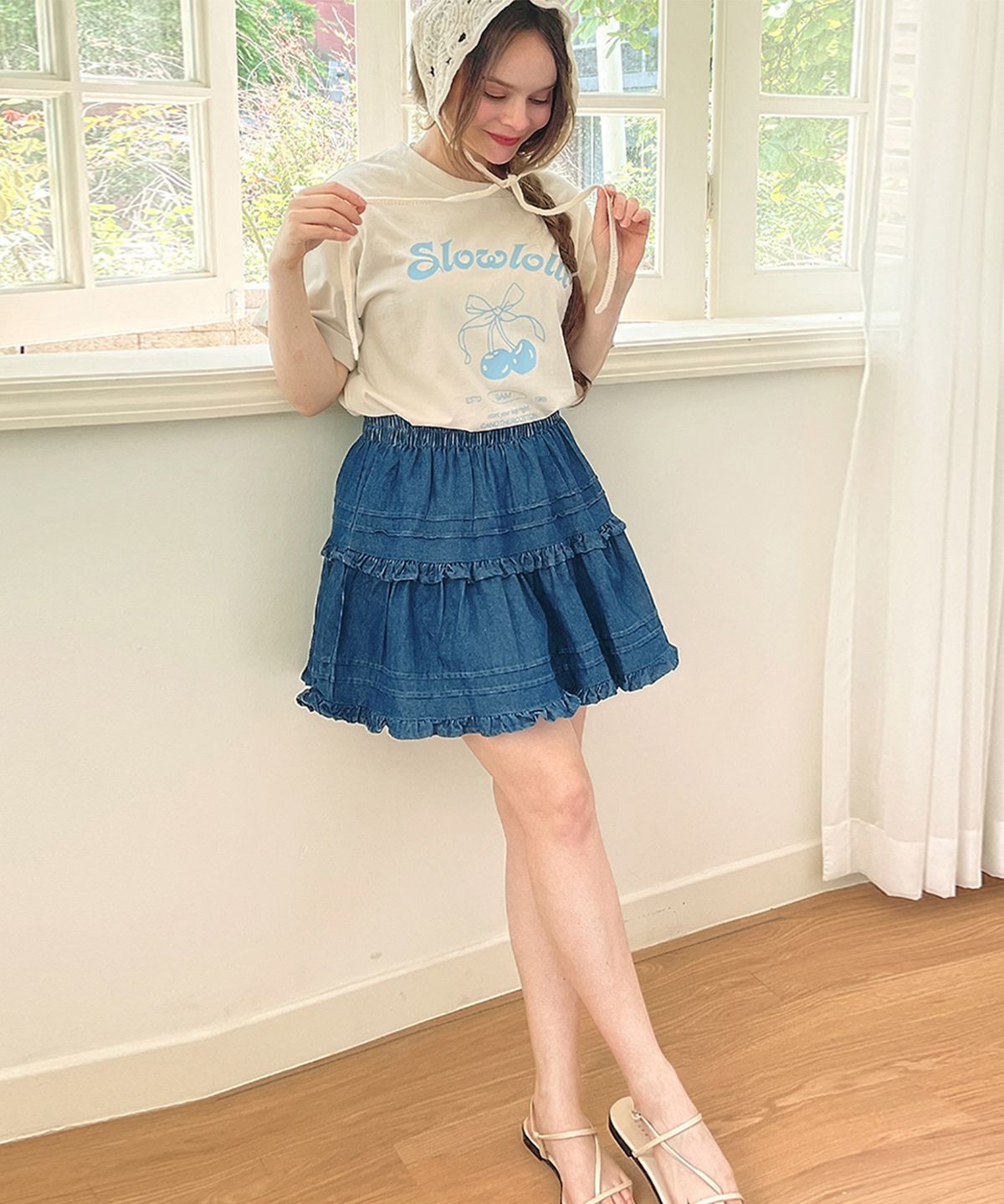 슬로우롤리(SLOWLOLLI) Frill denim mini skirt