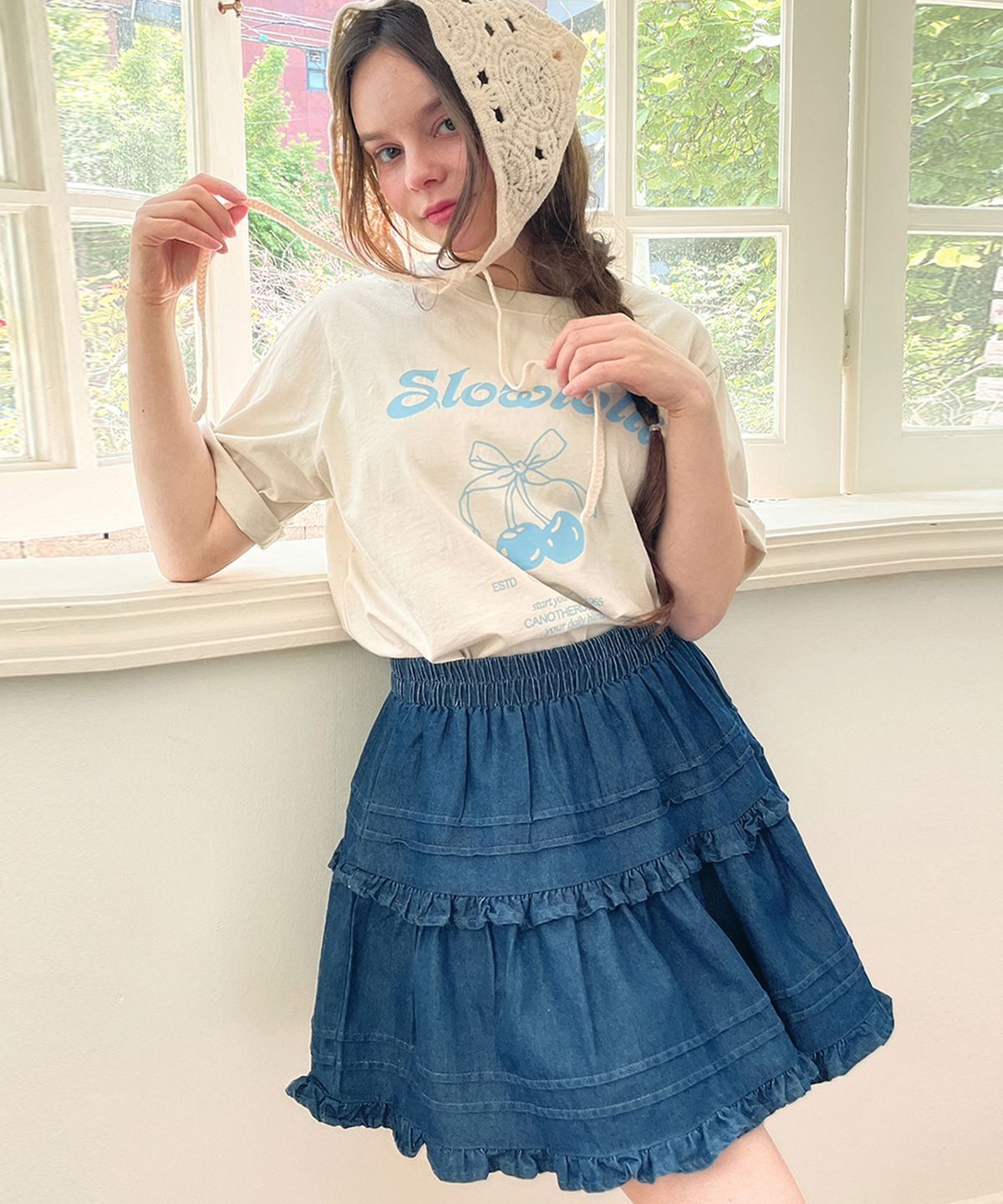 슬로우롤리(SLOWLOLLI) Frill denim mini skirt