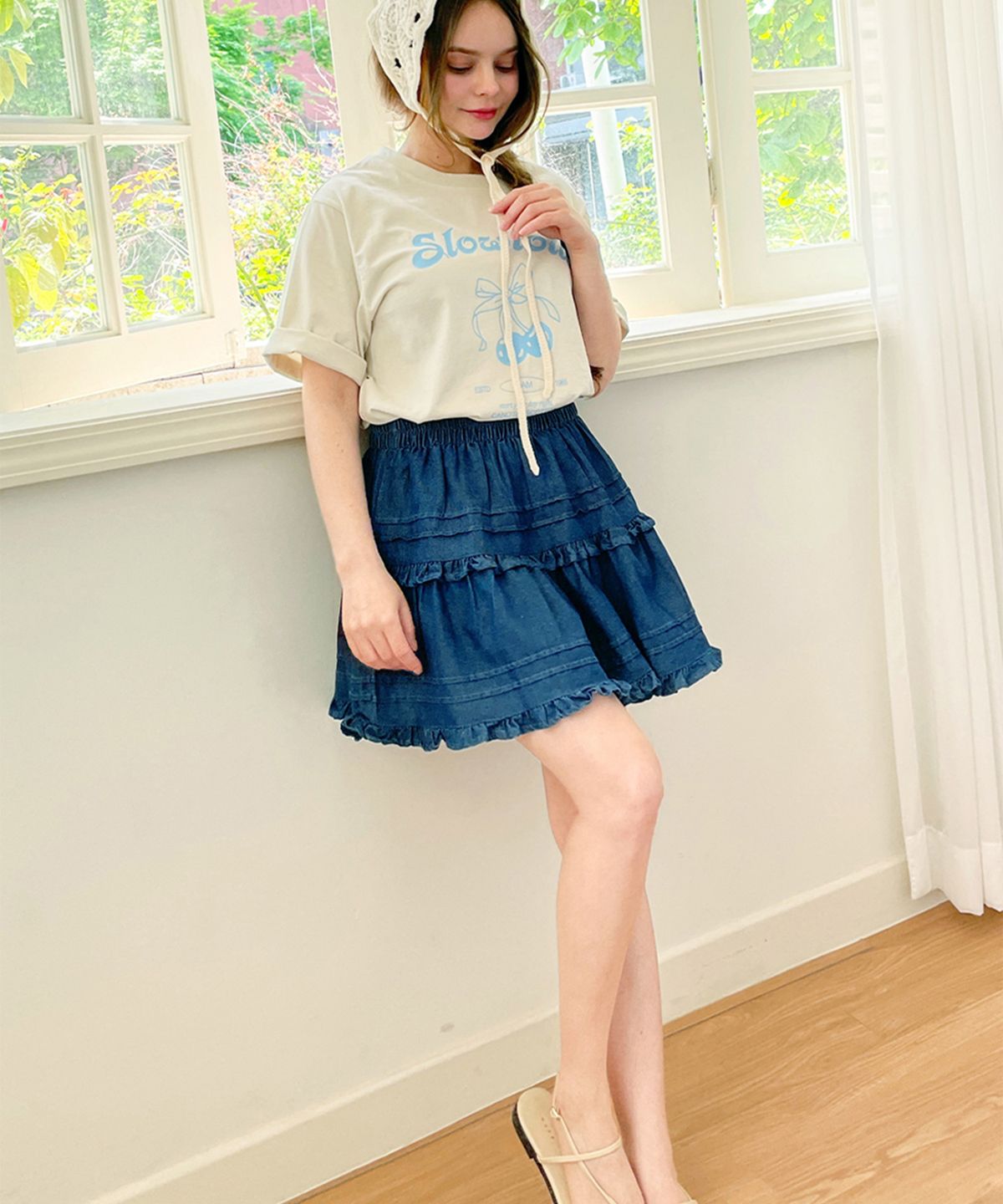 슬로우롤리(SLOWLOLLI) Frill denim mini skirt